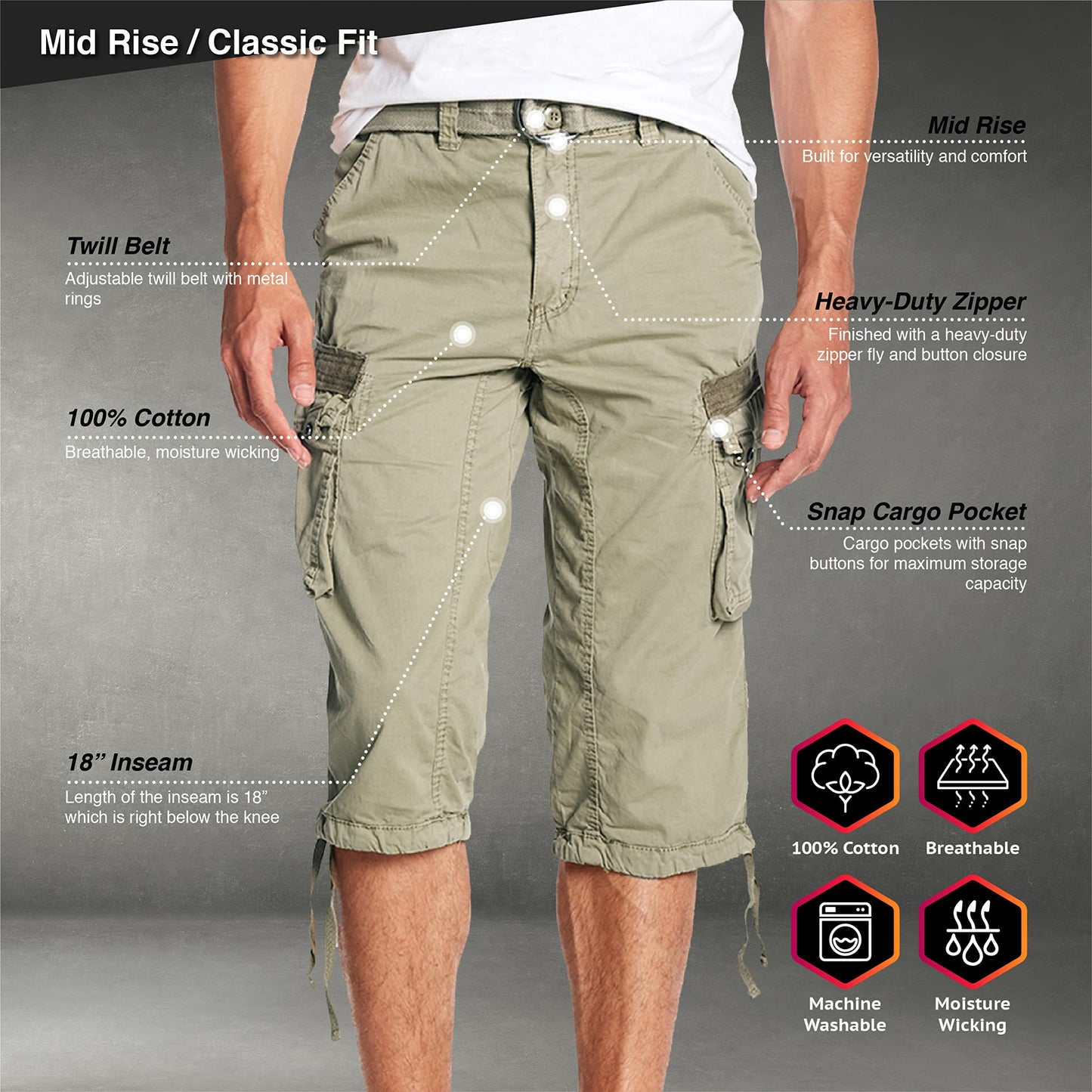X RAY Men's Belted Long Cargo Shorts for Men, Below Knee Length Mens Cargo Shorts, 3/4 Pants (Big and Tall Shorts for Men) White CAMO 38