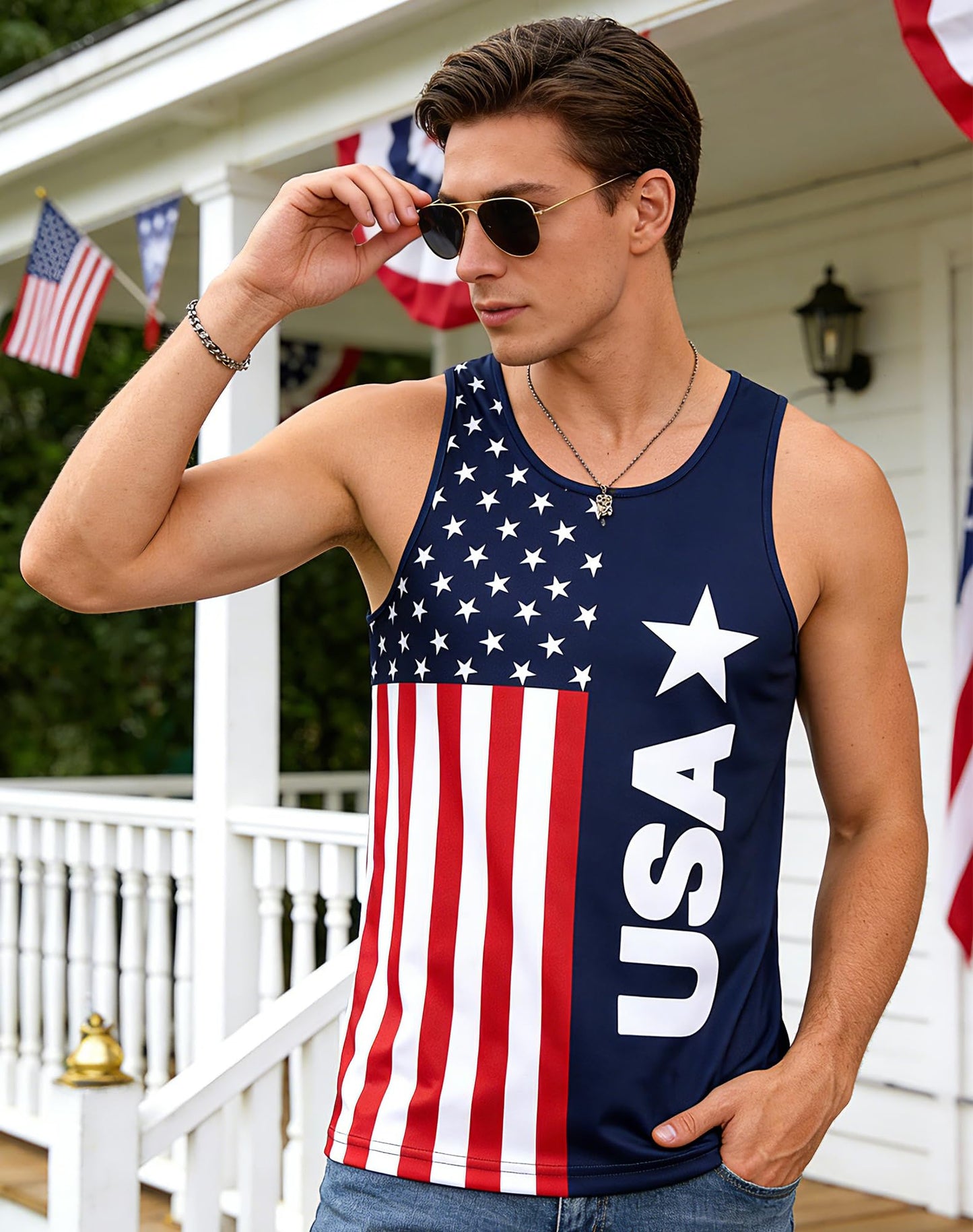 Stars and Stripes - Men's American Flag Stripes and Stars Tank Top Shirt USA Flag Sleeveless Patriotic Tees