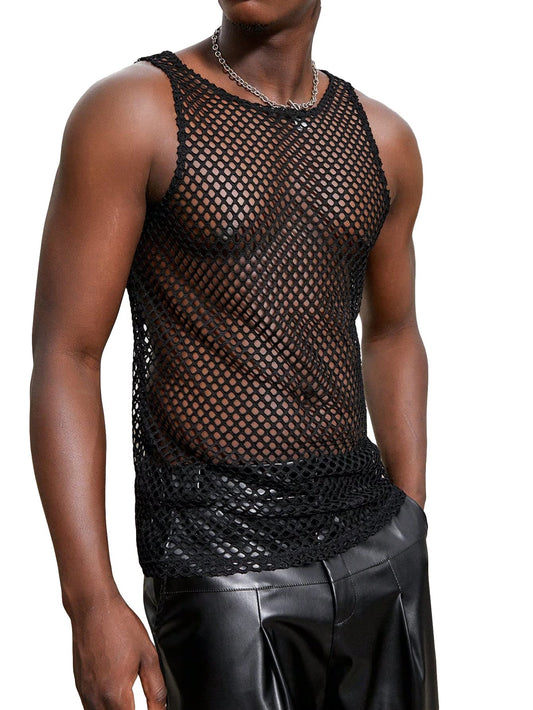 Milumia Men's Sheer Mesh Crewneck Tank Top Sleeveless Tee Shirt Muscle Shirts Clubwear Fishnet Black X-Large