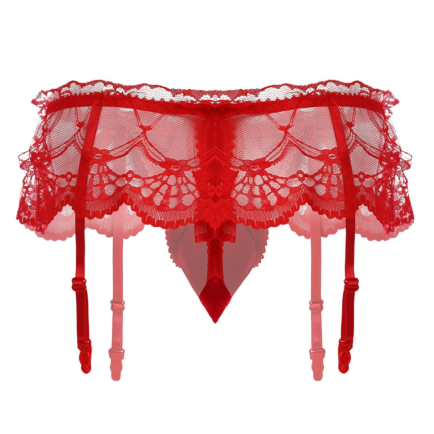 ABAFIP Men Lingerie Frilly Skirted Sissy Thongs Panties Low Waist G-string Garter Belt Crossdressing Underpants Lace Underwear Red One Size