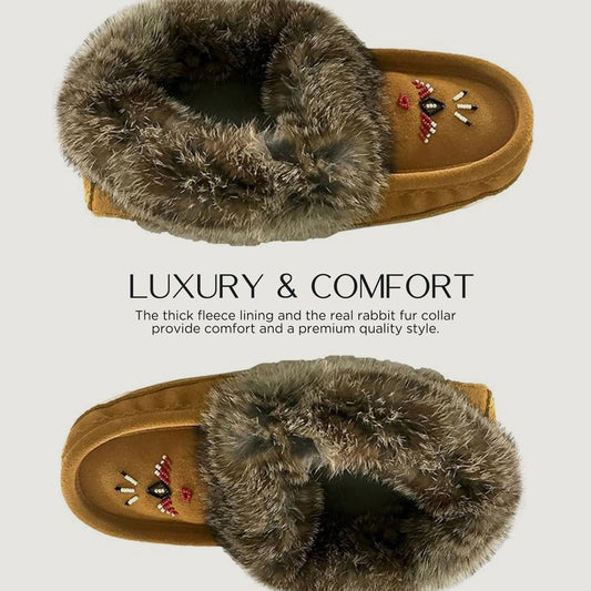 Laurentian Chief Moccasin Slippers for Woman - Orlon Beaded Slippers with Fur Trim and Padded Sole, Canada Quality Womens, Comfortable Stylish Indoor Moccasins for Women
