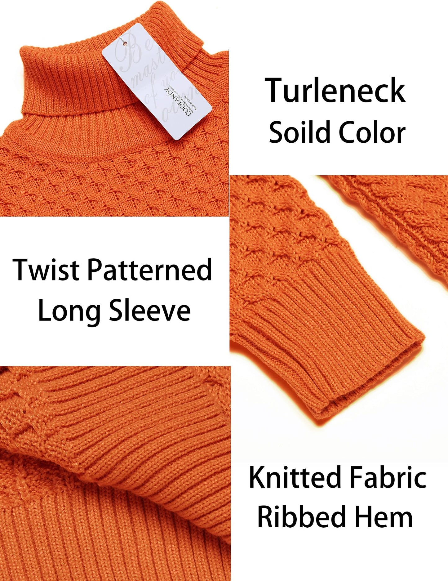 COOFANDY Men's Slim Fit Turtleneck Sweater Casual Knitted Twisted Pullover Solid Sweaters Orange
