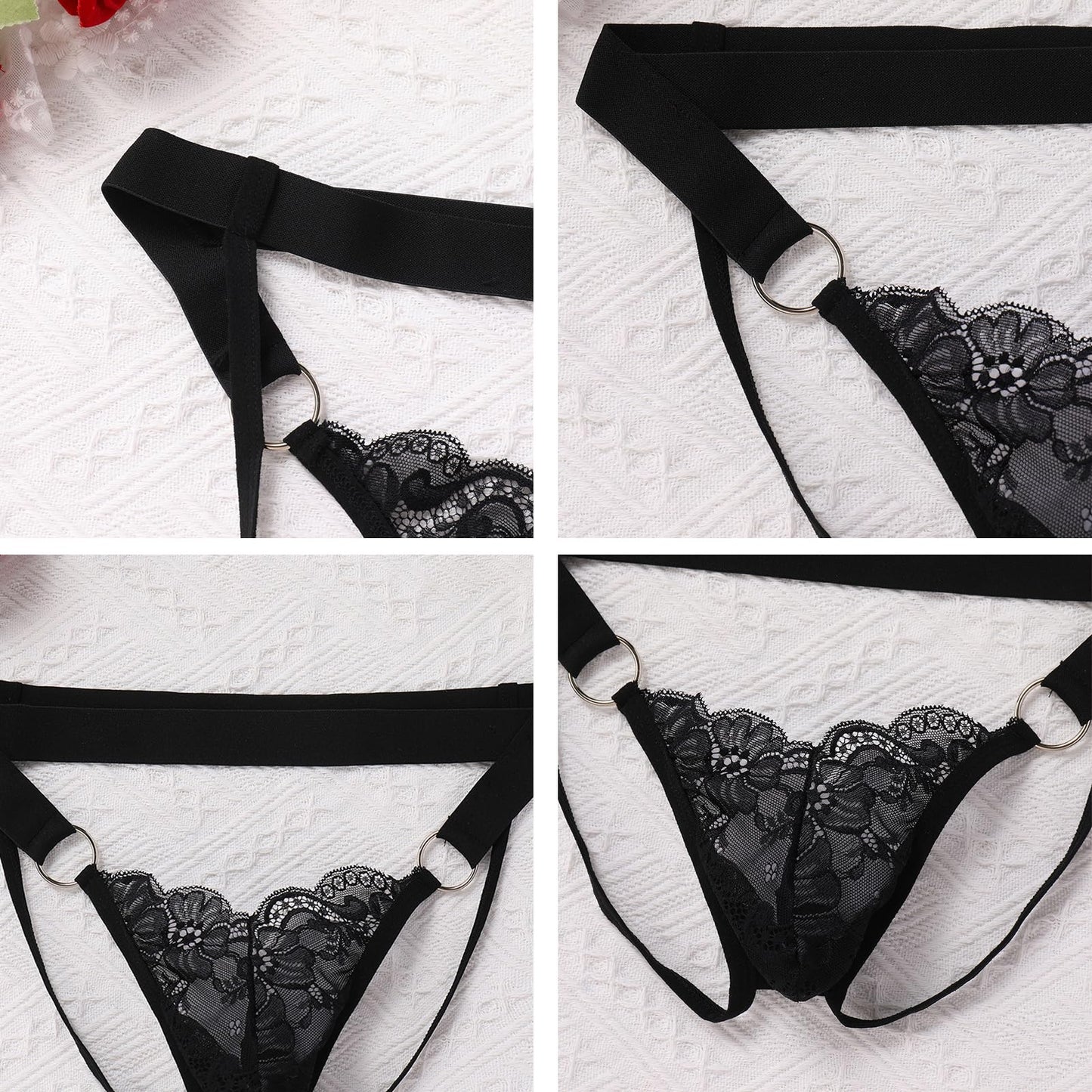 ABAFIP Men's Lace Thong Underwear Low Waist Sissy Pouch G-String Panties Crossdressing Lingerie Black Large