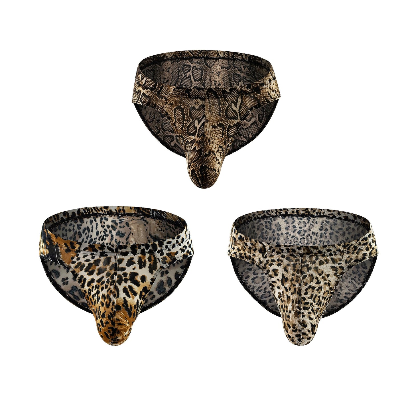 3Pack Men's Ice Silk Low Rise Leopard Bikini Briefs Underwear Black Leopard Golden XL