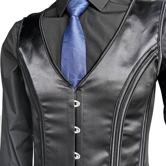 HUAMYTH Mens Corset Suit Vest Vintage Waistcoat Black Slimm Fit Lace Up Boned 6 Buckles Tight Tops Wedding Stage (US, Alpha, Large, Regular, Regular, Black)