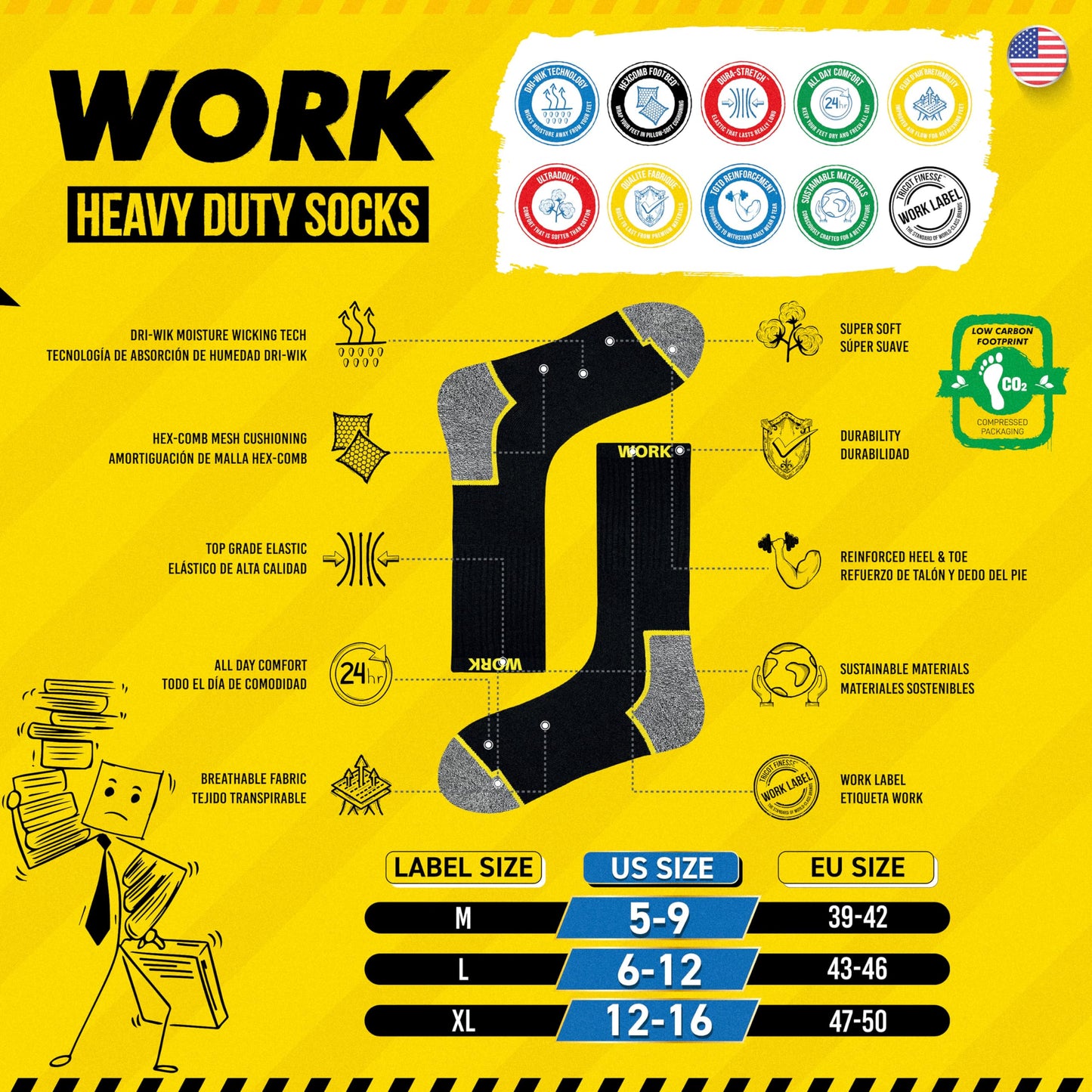 SOXCO WORK Socks for Men Crew Length Black Socks 10 Pairs, US 13-15