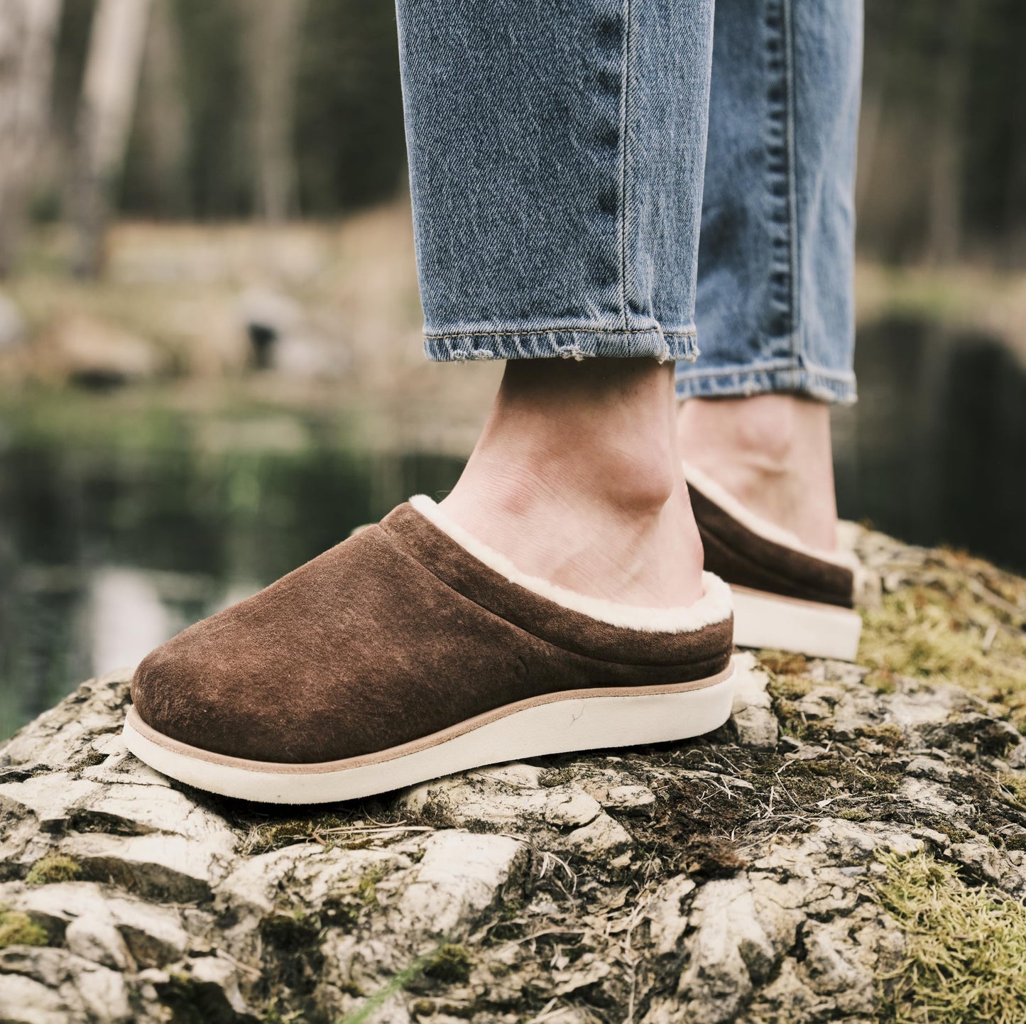 OLUKAI Mani Women's Leather Mule Slippers, Soft & Comfortable Slippers with Fleece Lining, Thick Rubber Outsole, All-Day Wear, Dark Oak/Golden Sand, 8
