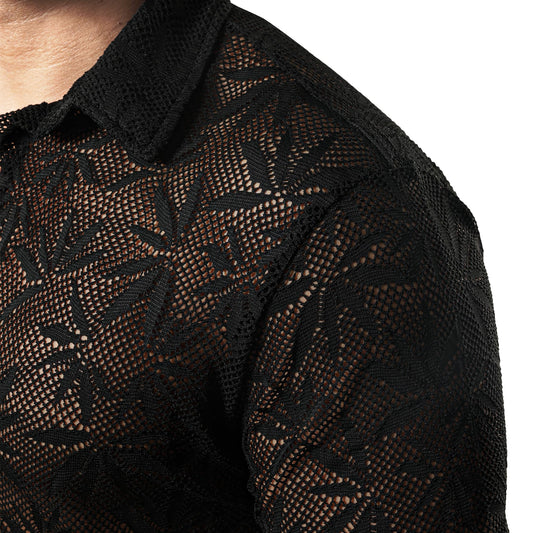 JOGAL Mens Floral Lace Shirt See Through Casual Button Down Shirts Deep Black Small