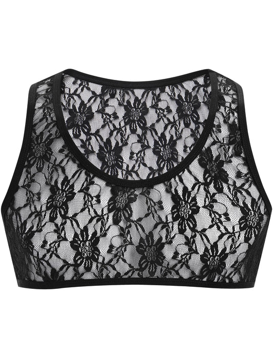 ABAFIP Men's Sissy Lace Muscle Tank Floral Crop Top Semi Transparent Sheer Mesh Vest Half Top Undershirt Black Large