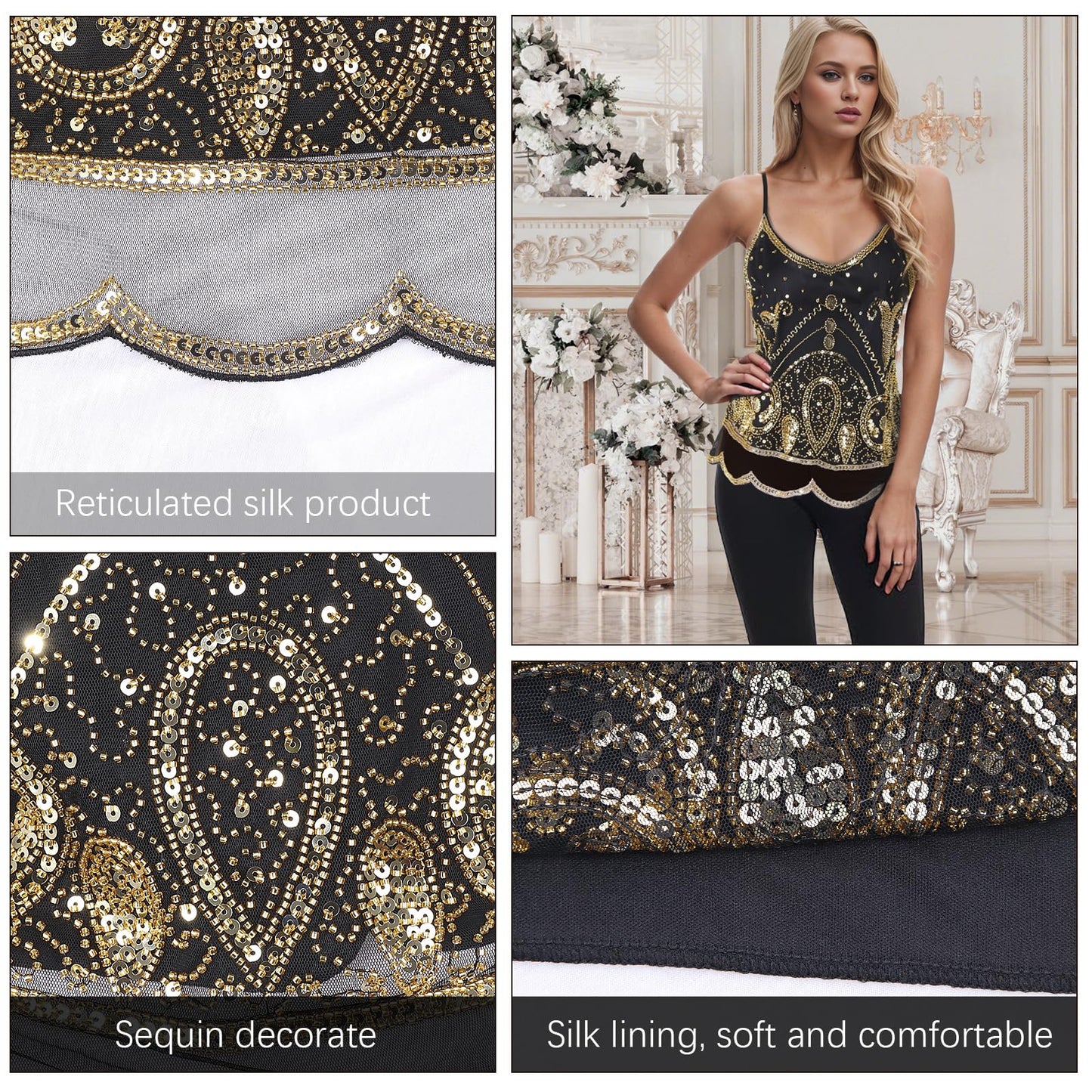 Vijiv Vintage 1920s Inspired Strappy Beaded Sequin Crop Top Flapper Style Sleeveless V-Neck Shimmer Glitter Tops Gatsby Party Black Gold