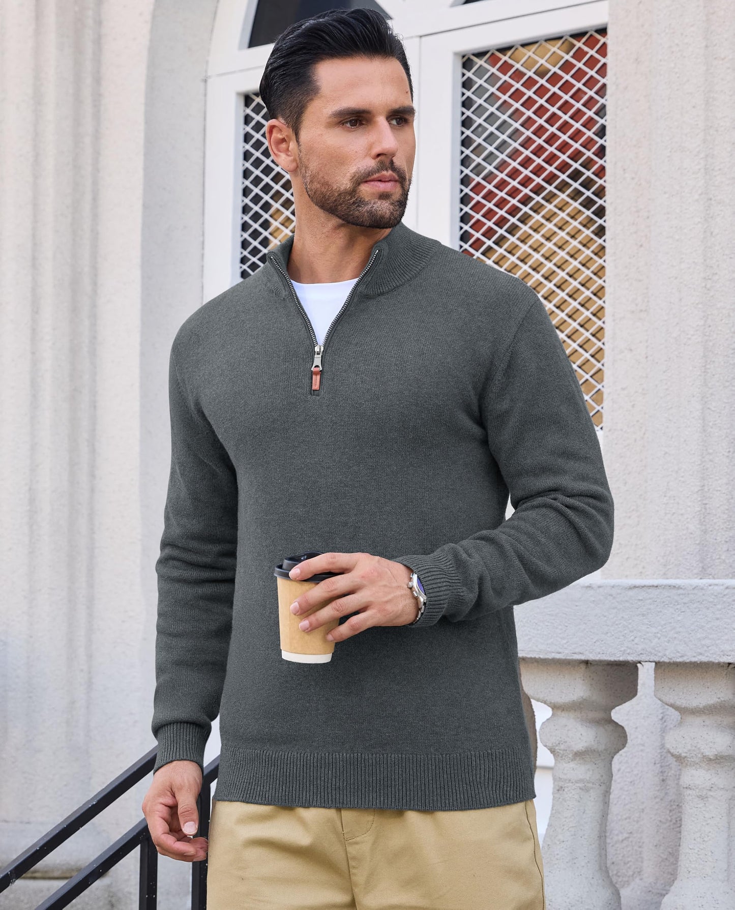 EKLENTSON Mens Turtleneck Sweater 1/4 Zip Pullover Mock Turtleneck Winter Thermal Dress Pullover Zipper Sweater Dark Grey XL