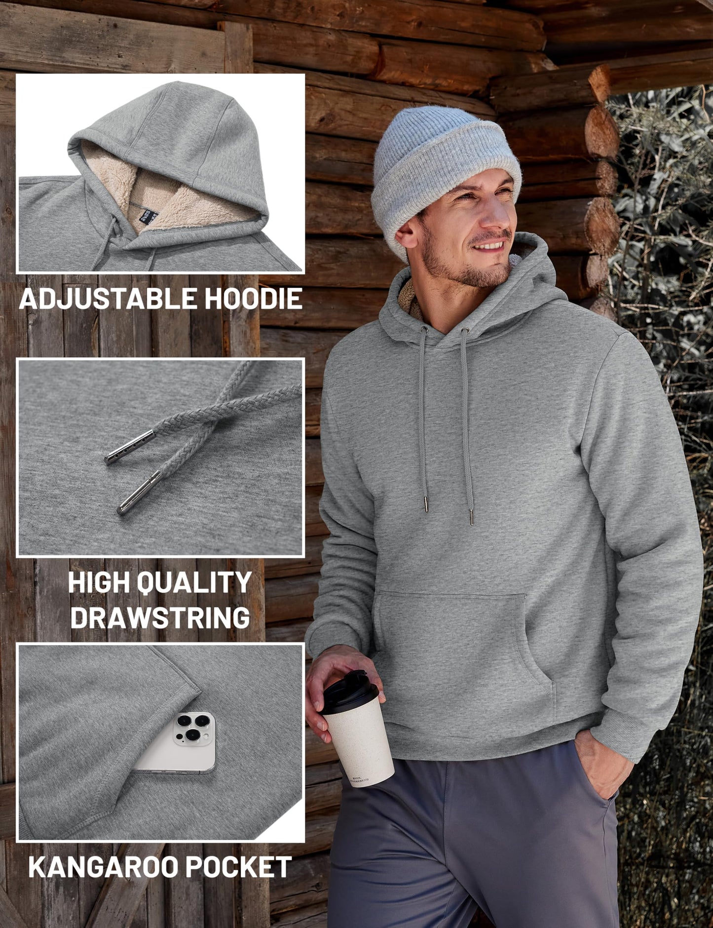 TACVASEN Hoodies for Men Pullover Sweatshirt Fleece Lined Sweatshirts Fashion Hoodies Athletic Sweatshirts Winter Cotton Hoodies Light Gray