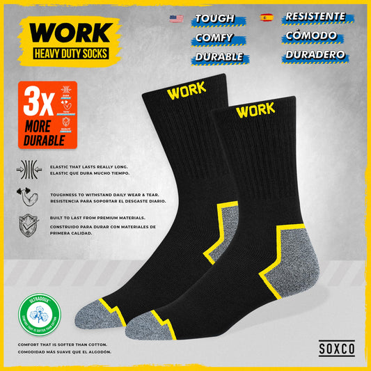 SOXCO WORK Socks for Men Crew Length Black Socks 10 Pairs, US 13-15