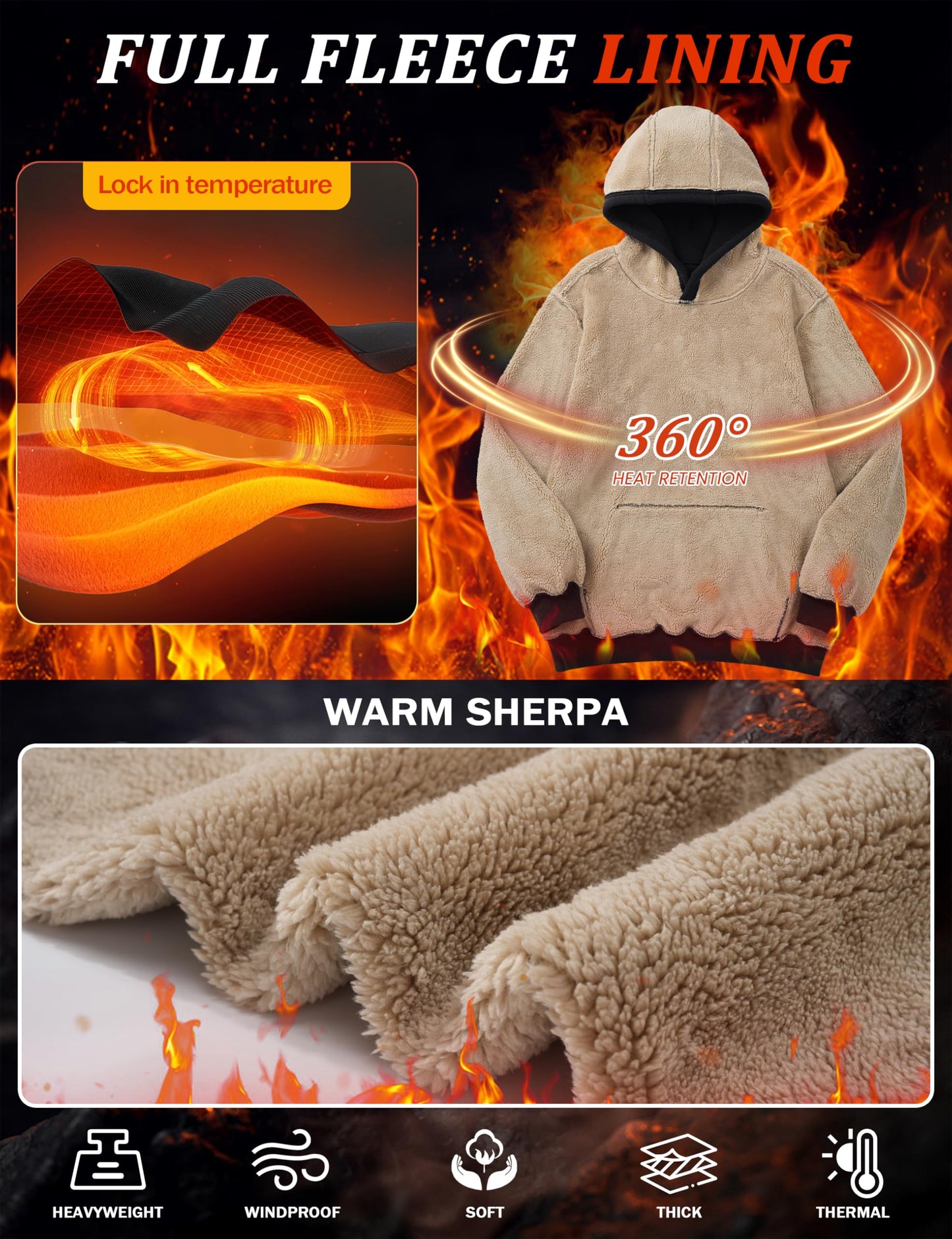 MAGCOMSEN Men's Hoodies Fleece Winter Warm Sherpa Athletic Work Heavy Thick Pullover Hoodie Sweatshirts Black