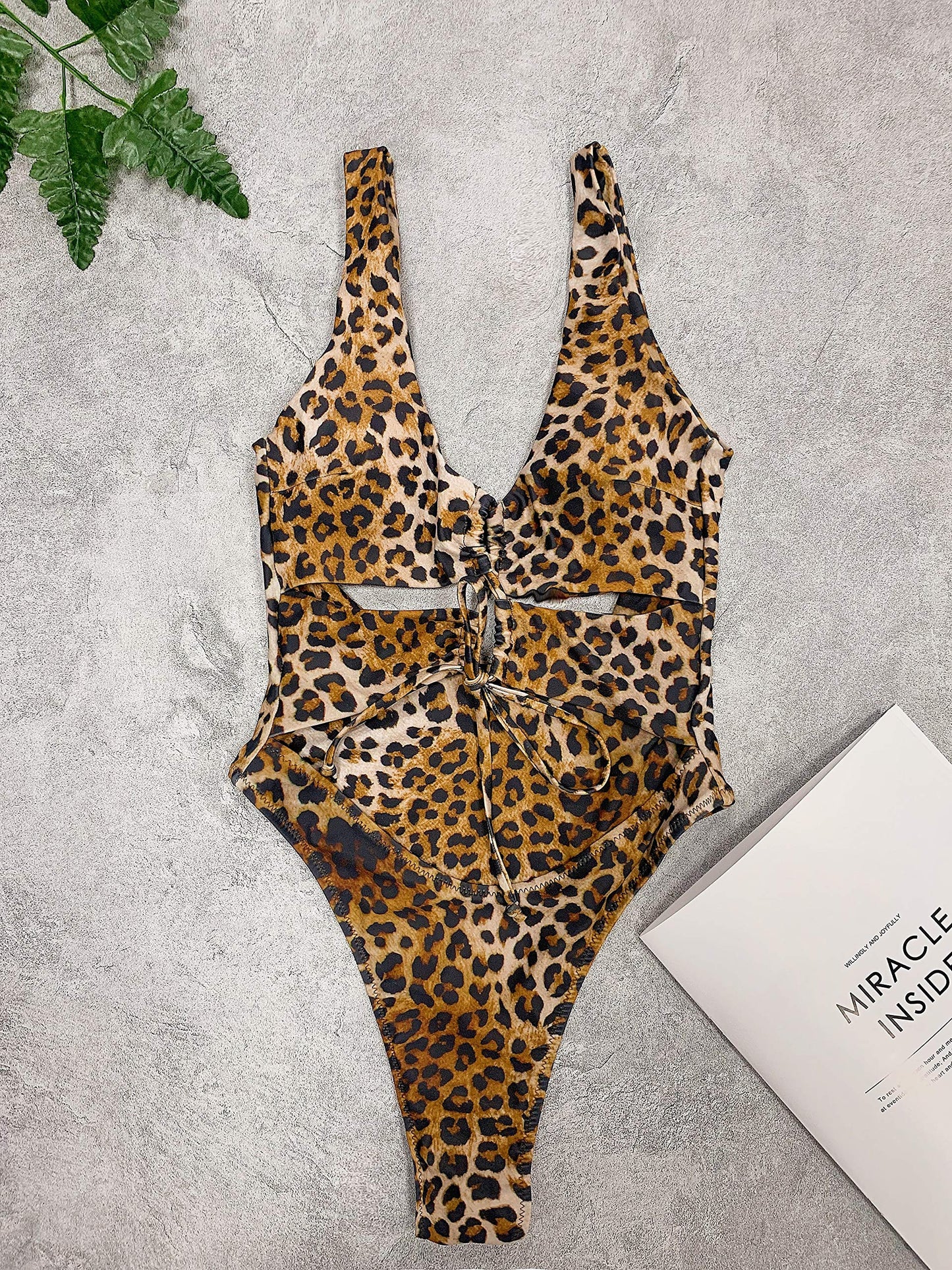 Women's Leopard Print Sexy Cutout Lace Up Backless High Cut One Piece Swimsuit Monokini S