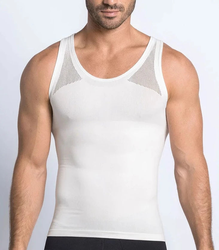 Stretch cotton moderate compression shaper tank with mesh cutouts white