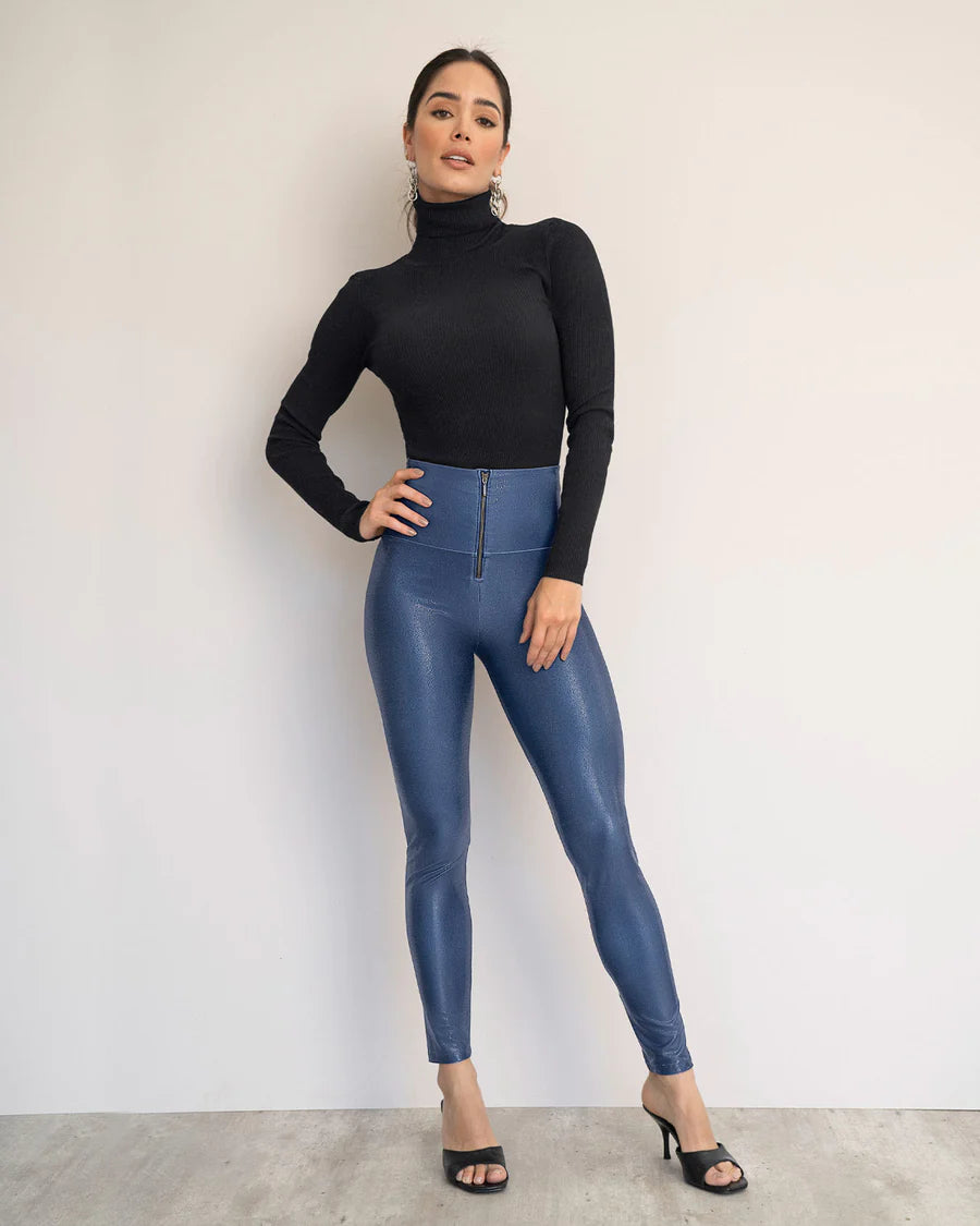 Tummy control leggings with leather imitation finish