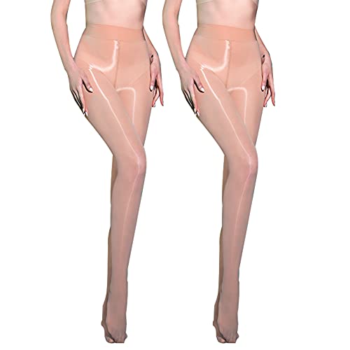 Shiny Oil Pantyhose Footed - 2 Pack Ultra Shiny Sheer Tights High Waist, Shimmery Stocking for Women, Girls (Skin Sheer Pantyhose)