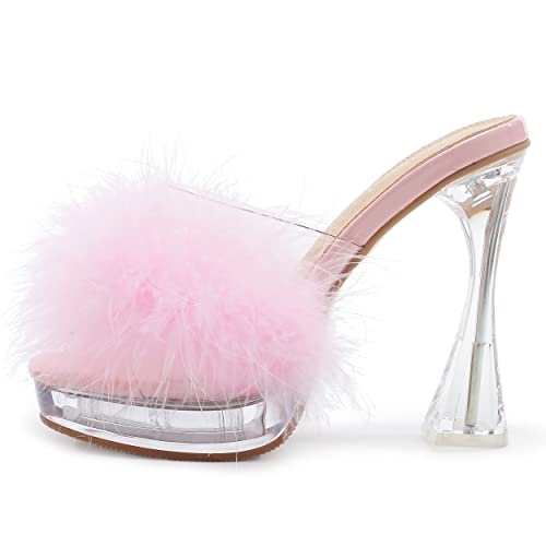 Women's Feather Heels Sandals - Fluffy Fur - Clear Strap Platform High Block Heel Slip On Square Toe Mules Pink 39 - insole length: 24.5cm/9.65 inch - US 7.5