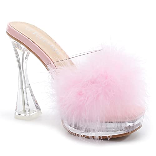 Women's Feather Heels Sandals - Fluffy Fur - Clear Strap Platform High Block Heel Slip On Square Toe Mules Pink 39 - insole length: 24.5cm/9.65 inch - US 7.5