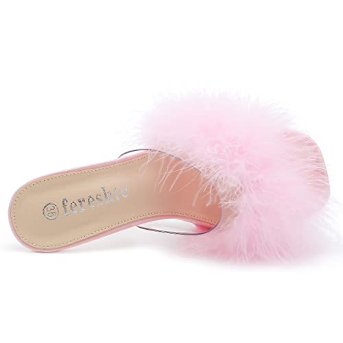 Women's Feather Heels Sandals - Fluffy Fur - Clear Strap Platform High Block Heel Slip On Square Toe Mules Pink 39 - insole length: 24.5cm/9.65 inch - US 7.5