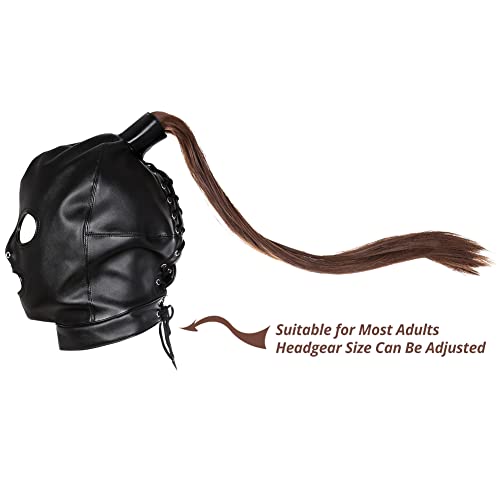 PU Leather Bondage Mask Hood SM Sex Toy with Removable Wig, Unisex Adult Eyes and Mouth Open Black Restraint Headgear Mask Hood Breathable Blindfold Face Cover Blindfold Cosplay