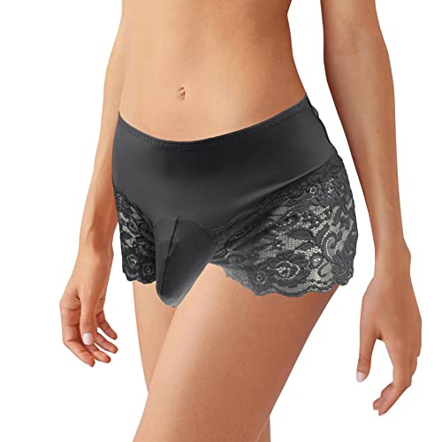 Walang Lip Men's Lace Briefs Sissy Pouch Underwear Breathable Stretch Panties Large Hip Wrap with Translucent Thighs (Black)