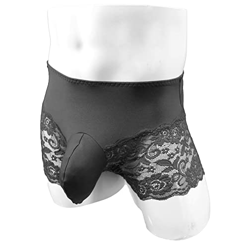 Walang Lip Men's Lace Briefs Sissy Pouch Underwear Breathable Stretch Panties Large Hip Wrap with Translucent Thighs (Black)