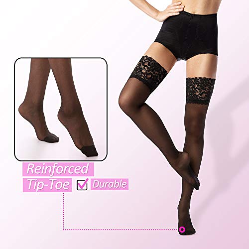 G&Y Thigh High Stockings with Silicone - 15D Sheer Lace Top Nylon Stay Up Pantyhose for Women