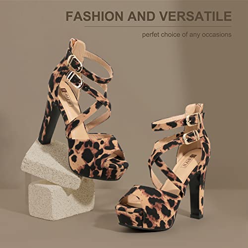 IDIFU Women's IN5 Charcy Crisscross Strappy Platform High Chunky Heels Peep Toe Pump Party Heeled Sandals (Leopard Suede, 12 M US)