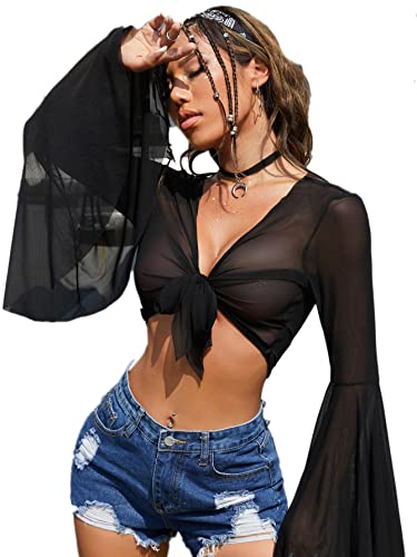 Front Closure Bras for Women Tops Casual Shirt See-Through Sheer Sleeve  Women's Mesh Crop Short T (Black, XXL)
