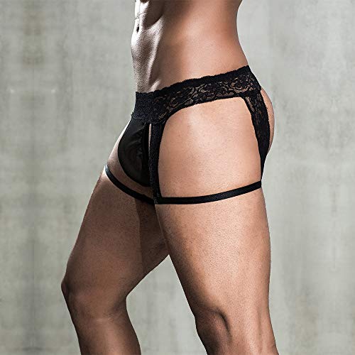 emaipokia Men's sexy black Underwear, Erotic Lace Sissy G String Panties with Garter