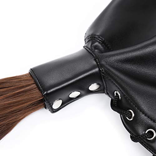 PU Leather Bondage Mask Hood SM Sex Toy with Removable Wig, Unisex Adult Eyes and Mouth Open Black Restraint Headgear Mask Hood Breathable Blindfold Face Cover Blindfold Cosplay