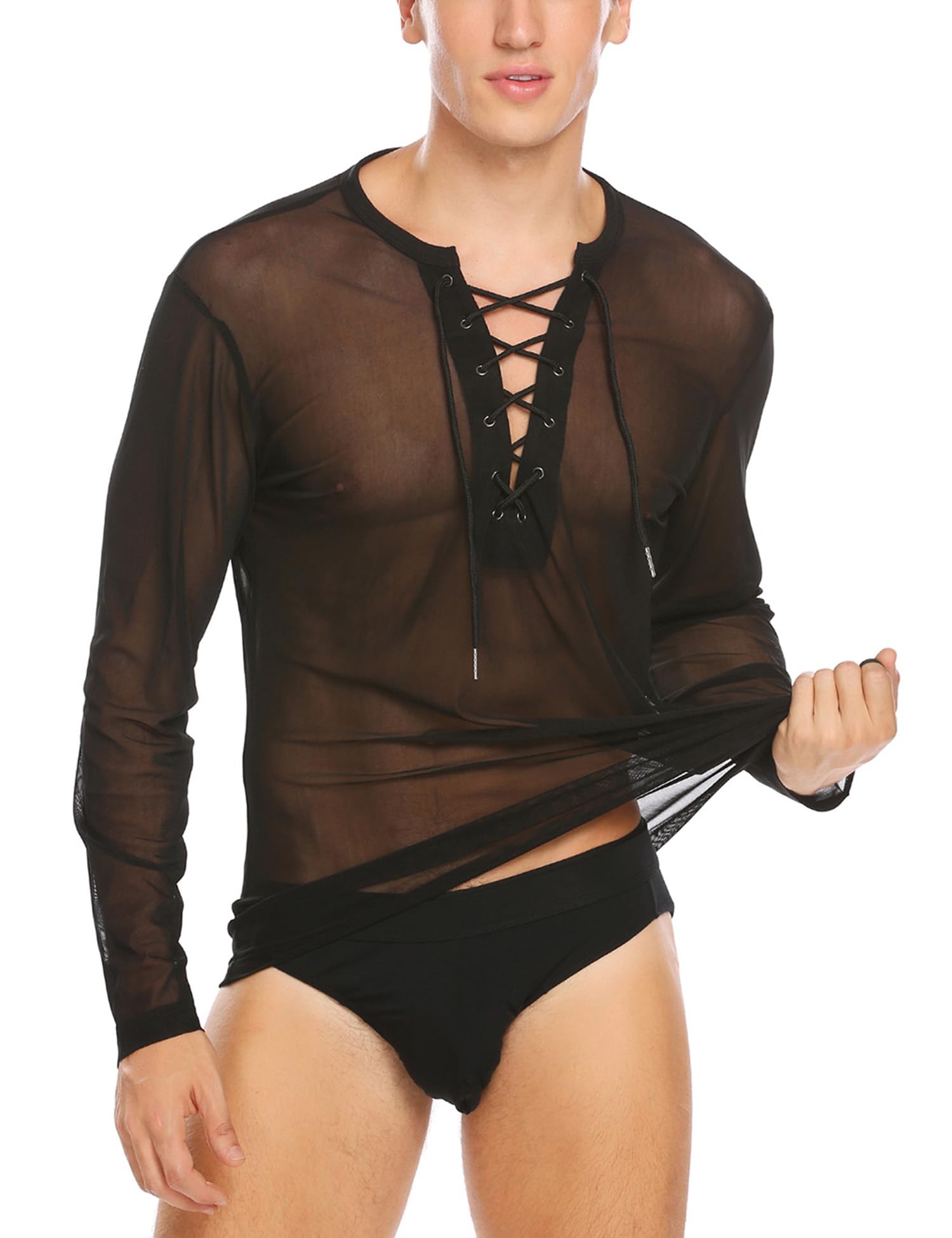 Mens Sexy Lace up See Through Long Sleeve T Shirt Mesh Undershirts, Bl BEST WEAR - See Through Shirts - Sheer Nylon Tops - Second Skin - Transparent Pantyhose - Tights - Plus Size - Women Men Mens Sexy Lace up See Through Long Sleeve T Shirt Mesh Undershirts, Bl BEST WEAR - See Through Shirts - Sheer Nylon Tops - Second Skin - Transparent Pantyhose - Tights - Plus Size - Women Men