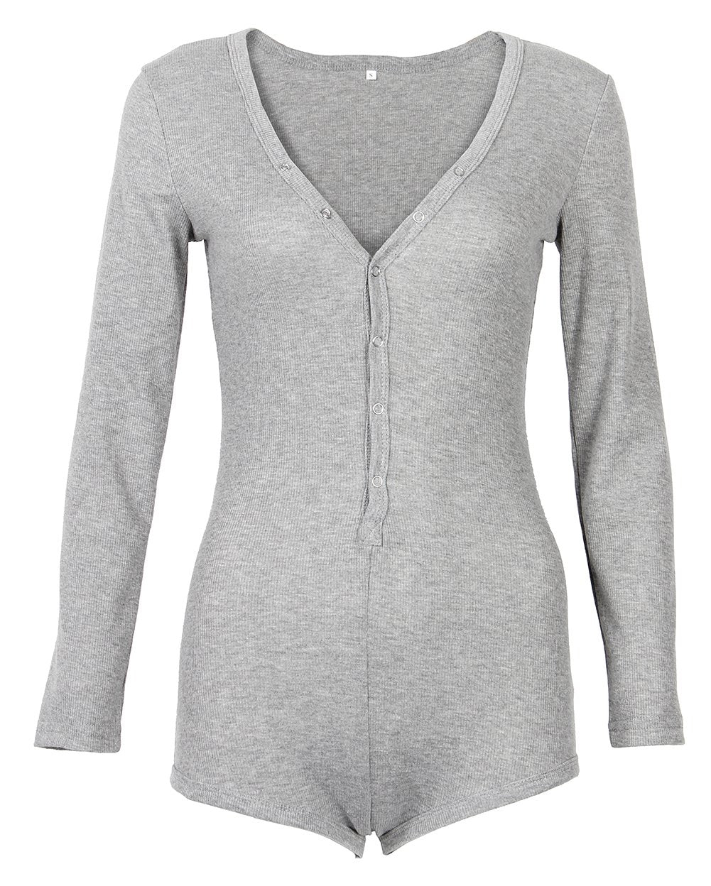 Roselux Women's Sexy Deep V Neck Shorts Long Sleeve Knitted One Piece Bodysuit Bodycon Rompers Overall(Gray,M)