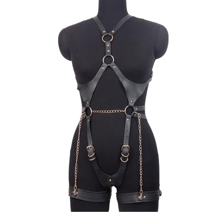 Women Body Harness Belt with Metal Chain Adjustable Leather Caged Harness Lingerie Set for Ladies, Sexy Gothic Chest Leg Garter Body Bondage Strap, BDSM SM Cosplay Costume Clubwear Masquerade Party