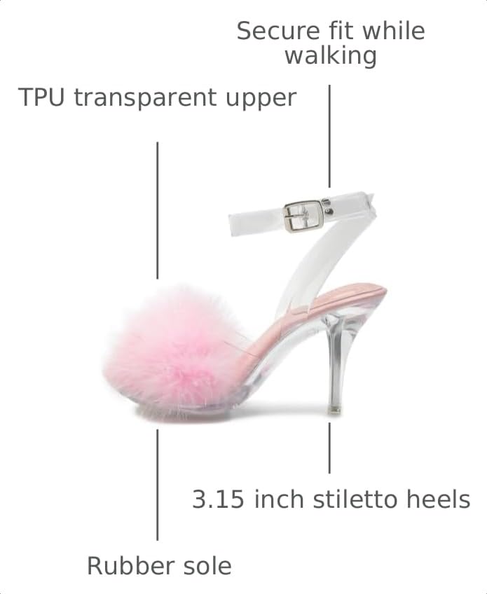 Femboy - Sissy -Fuzzy Clear Heels Ankle StrapStilettos Heels Mules Sandals Fluffy Feather Slip On High Heeled Party Prom Dresses ShoesPink-42 US10