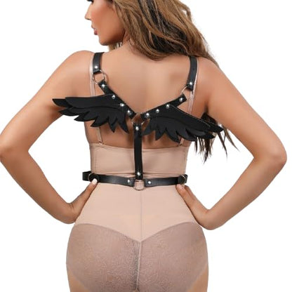 Women Gothic Angel Wing Harness Adjustable Faux Leather Back Chest Straps