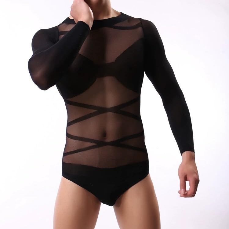 CAZEOUU Men's Sheer Black Bodysuit, Sexy Lingerie Set with Long Sleeve Top - Perfect for a Tempting Night In.