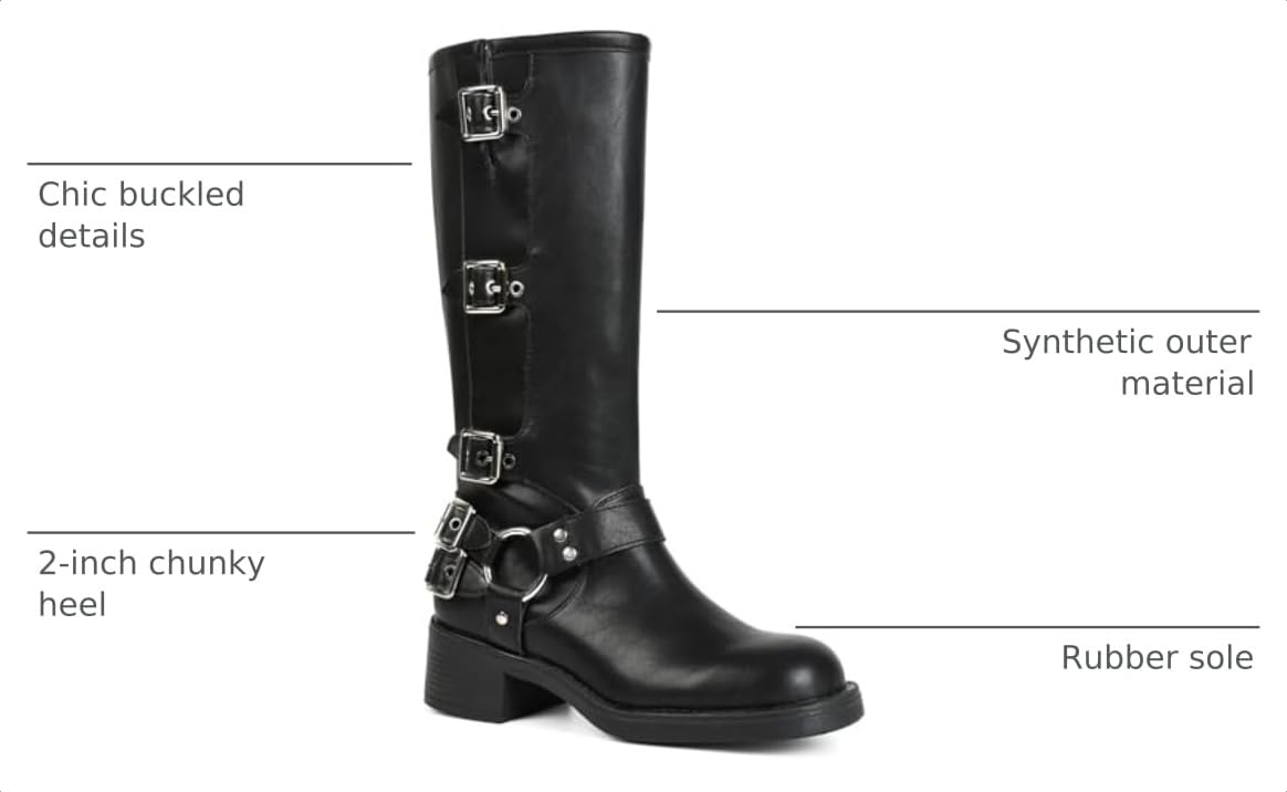 Black boots for women knee high Moto Buckle Tall Boots Size 8.5