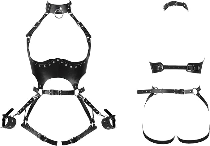 FOTN Women Punk PU Leather Body Waist Belt Bodysuit Bondage Body Harness Belt Sexy Lingerie Leg Garter Hollow Open Chest Bra BDSM (Color : Black, Size : One Size)