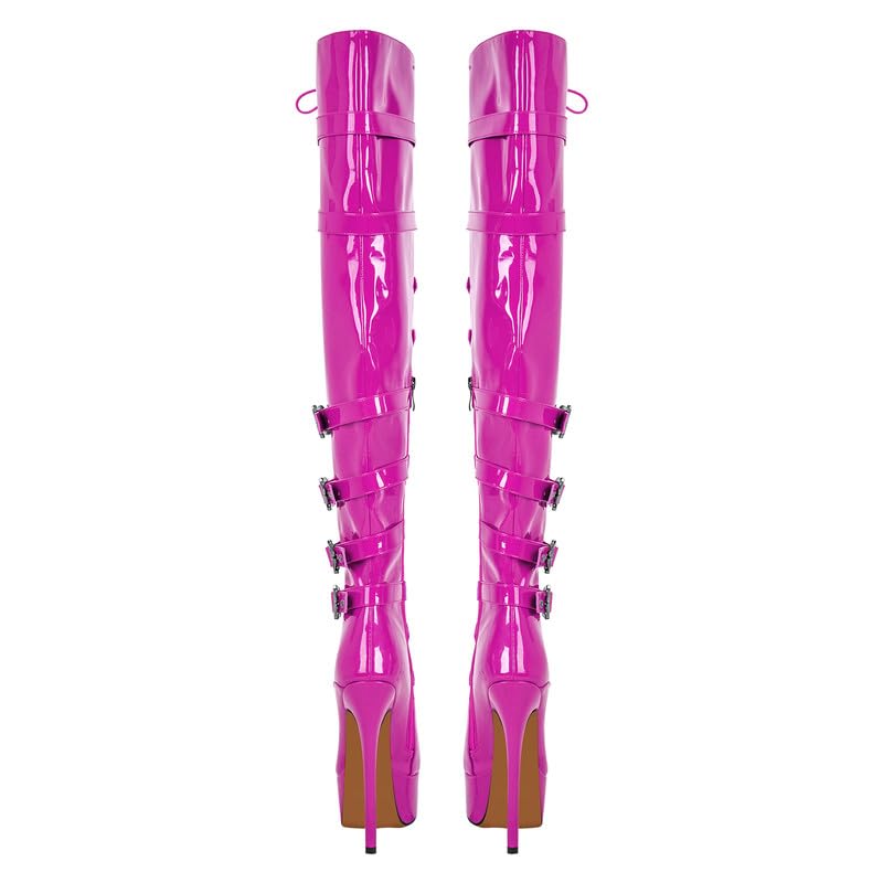 Sissy Platform Thigh High Boots with Zipper Stiletto Heel Over the Knee High Boots Lace Up Punk Motorcycle Boots Buckles Chains Rivets Ornamented Long Shaft Pink