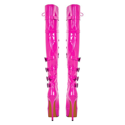 Sissy Platform Thigh High Boots with Zipper Stiletto Heel Over the Knee High Boots Lace Up Punk Motorcycle Boots Buckles Chains Rivets Ornamented Long Shaft Pink