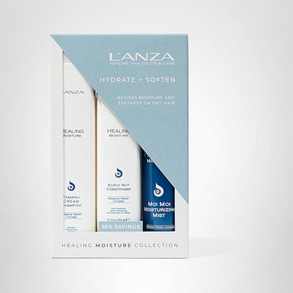 L'ANZA Healing Moisture Trio Hair Kit, Tamanu Cream Shampoo, Kukui Nut Conditioner & Moi Moi Moisturizing Mist Hairspray in a Gift Box, Luxury Hair Care Kit (10.1/8.5/6.8 Fl Oz)