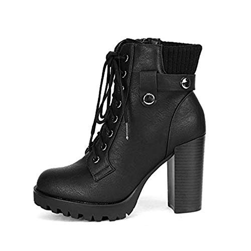 DREAM PAIRS Women's Lace up Combat Ankle Boots High Chunky Heel Fashion Heeled Booties Shoes,Size 5,BLACK,SCANDL