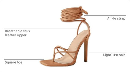 Women's Lace Up Heeled Sandals Square Flip Flop High Heels Strappy Party Shoes,Taupe,Size 7