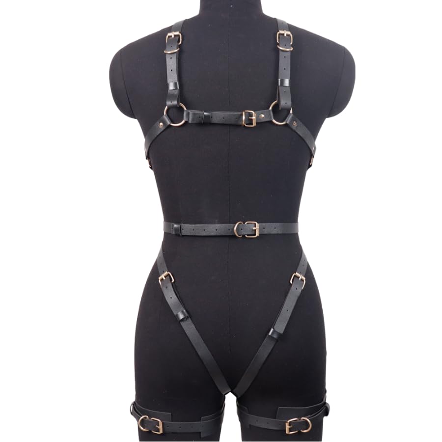 Women Body Harness Belt with Metal Chain Adjustable Leather Caged Harness Lingerie Set for Ladies, Sexy Gothic Chest Leg Garter Body Bondage Strap, BDSM SM Cosplay Costume Clubwear Masquerade Party