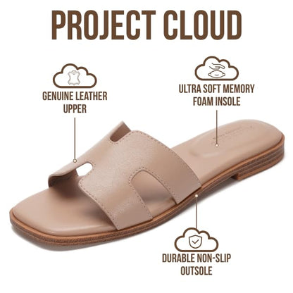 Project Cloud 100% Genuine Leather Sandals for Women 2026 - Fashion Flat Womens Sandals with Memory Foam Insole Slides Sandals Women Footwear - Mules Women's Sandals (Jannel, TAUPELEA,9M)