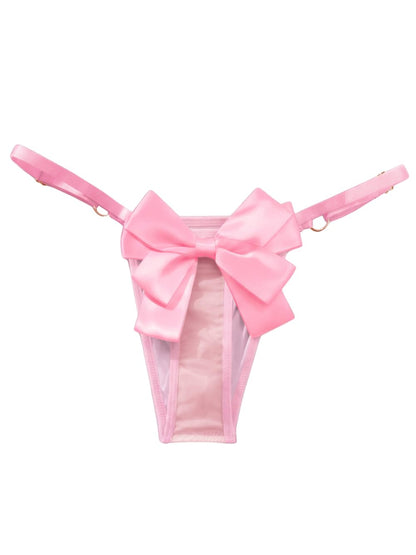 Mens Bow Thong For Anniversary, Couples Bedroom Sexy Underwear, Sheer Mesh Male Panties Pink
