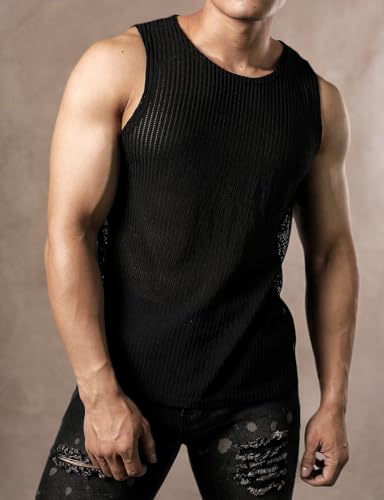 JOGAL Men's Mesh Fitted Sleeveless Muscle Tank Top Small Black